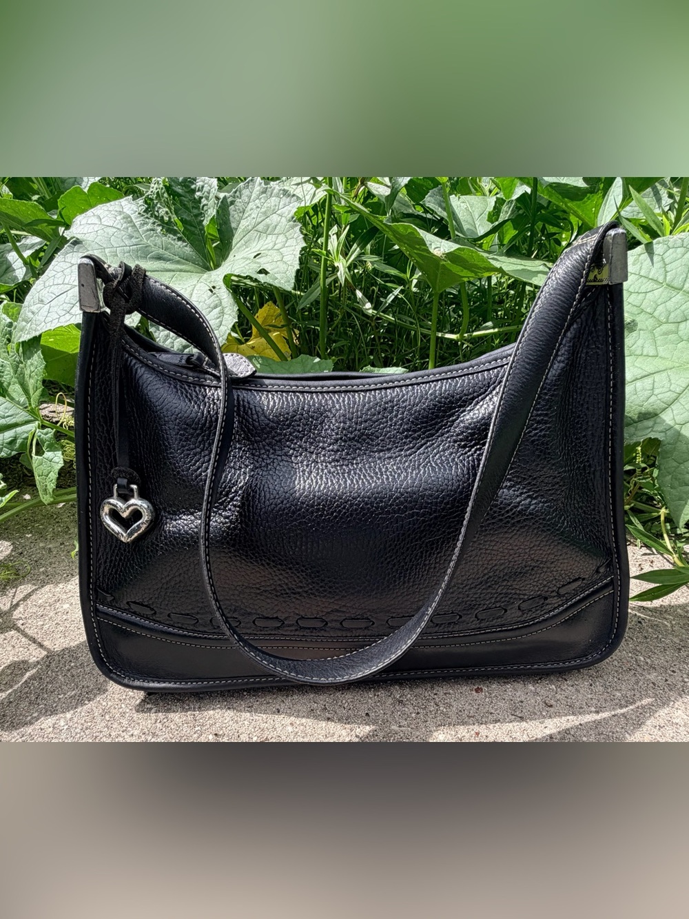 Brighton Black Pebbled Leather Shoulder Hobo Bag Heart Charm Large EUC